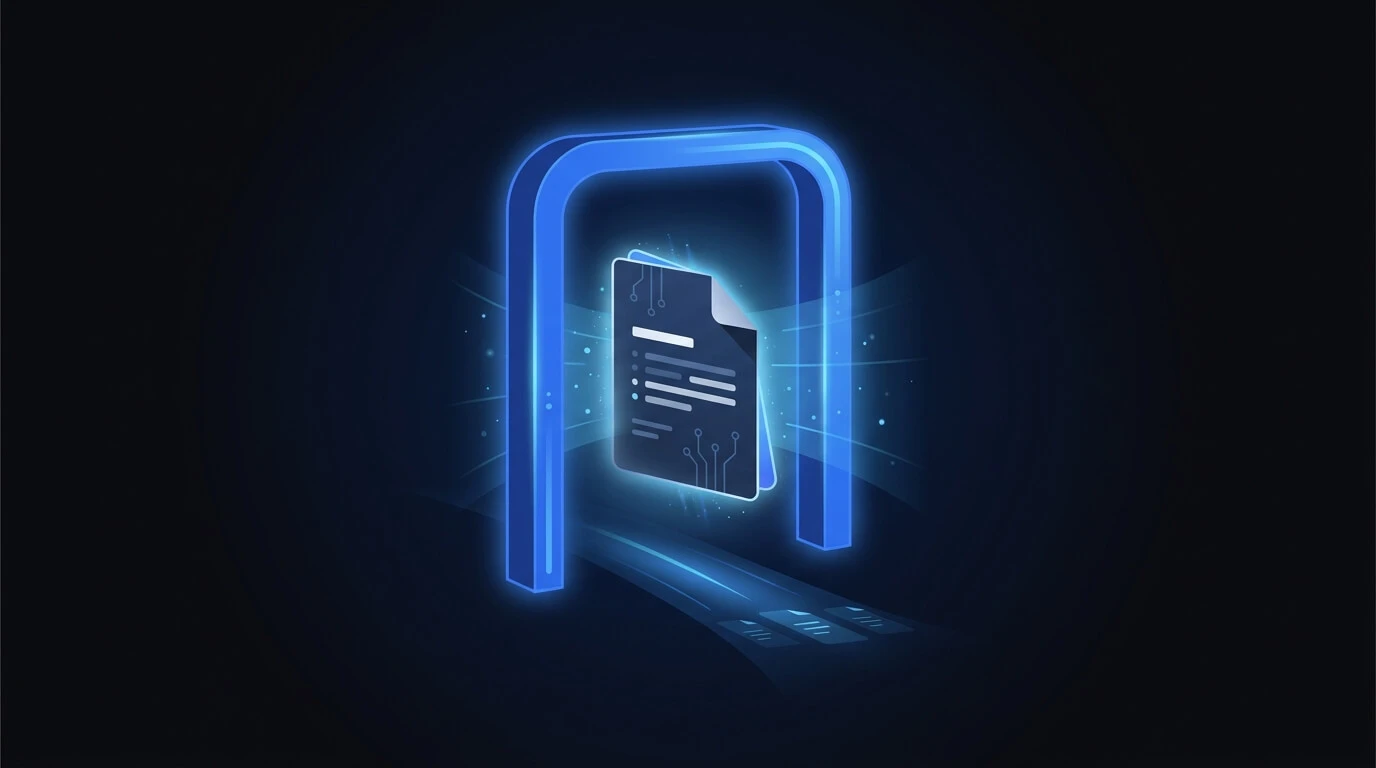 Illustration of a resume passing through a scanning gateway, representing applicant tracking system screening