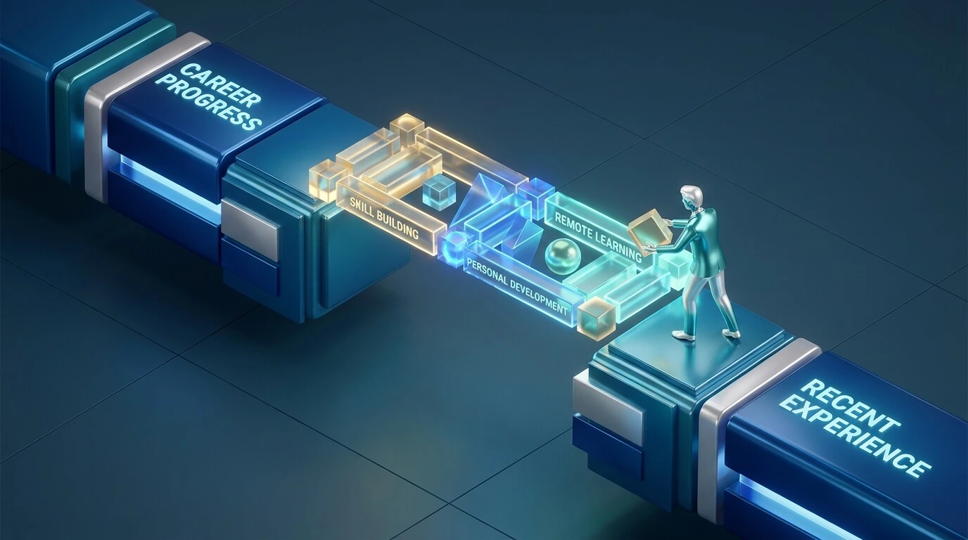 Isometric illustration of a person completing a bridge between two platforms labelled Career Progress and Recent Experience, using blocks marked Skill Building, Personal Development and Remote Learning