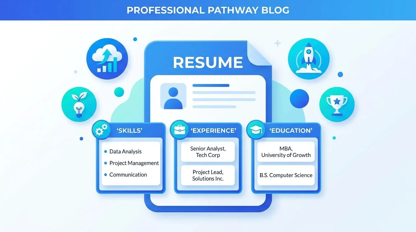 Illustration of a resume document beside three panels labelled Skills, Experience and Education, with icons for growth, ideas, launch and achievement around it